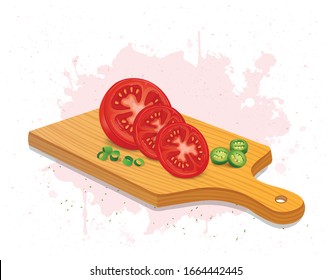 tomato slices vector illustration on wooden chopping board