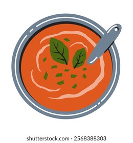 Tomato Soup with Basil Garnish Illustration. Gourmet Food Illustration Overhead View