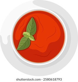 Tomato Soup with Basil Leaf in Bowl Illustration Isolated on White Background