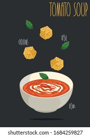 Tomato soup with basil. Vector illustration