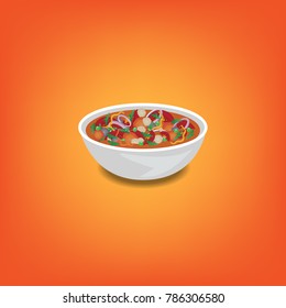Tomato soup in a bowl with piece of tomato, onion, carrot. Vector Illustration