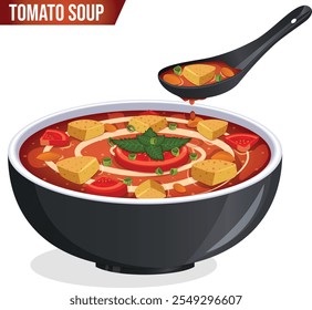 Tomato Soup Bowl with Spoon. Garnished with Croutons, Sliced Tomatoes, Carrots and Chives. 