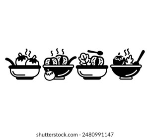 tomato soup bowl with spoon icons vector design black white color illustration collection set isolated