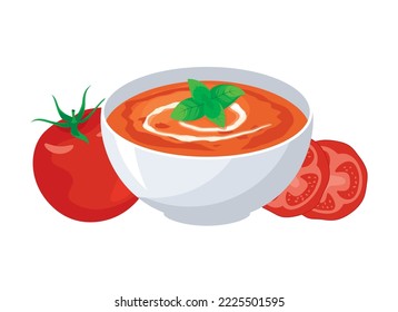 Tomato soup and cream   basil leaf icon vector  Delicious soup and fresh tomatoes icon vector isolated white background  Bowl soup drawing