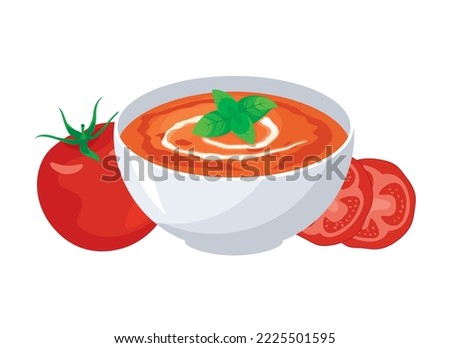 Tomato soup with cream and basil leaf icon vector. Delicious soup with fresh tomatoes icon vector isolated on a white background. Bowl of soup drawing