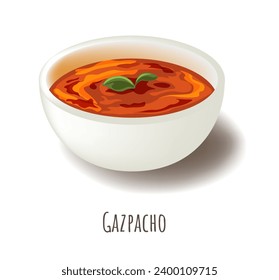 Tomato soup dish served in bowl in restaurant or diner. Classic cold Spanish soup gazpacho. Isolated tasty and nutritious food for breakfast or dinner. Hot and spicy delicacy. Vector in flat style