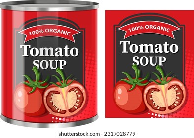 Sopa de tomate en lata alimenticia con etiqueta de ilustración aislada