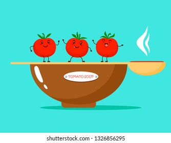 Tomato soup with funny tomatoes in kawaii style. Vector illustration