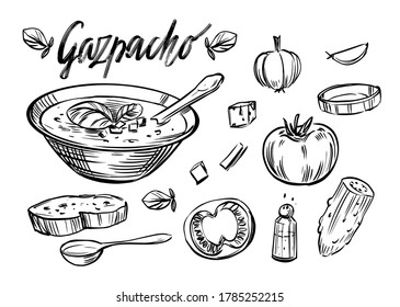 Tomato soup. Gazpacho. Black outline on transparent background