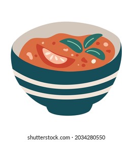 Tomato soup. Hot vegetable soup in plate. Hand draw Traditional Spanish tomato soup gazpacho. Classic homemade Italian dressing, dip. Cartoon vector illustration.