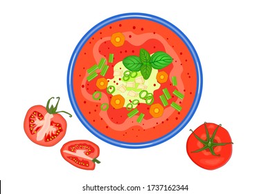 Tomato soup isolated on white background. Hot vegetable soup in plate and tomato slices near. Tomato soup with basil, green onion and croutons. Summer or autumn cream soup or gazpacho top view. Vector