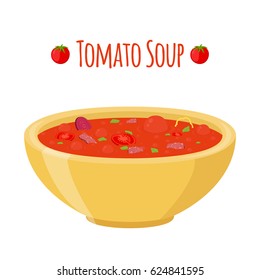 Tomato soup with meat, beet, tomatoes, pepper, potato and basil. Made in cartoon flat style.