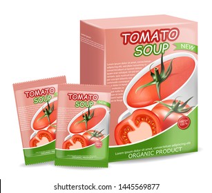 Tomato soup package realistic, instant soup, natural product, fresh tomatoes, isolated packaging, vegetarian food, vector illustration