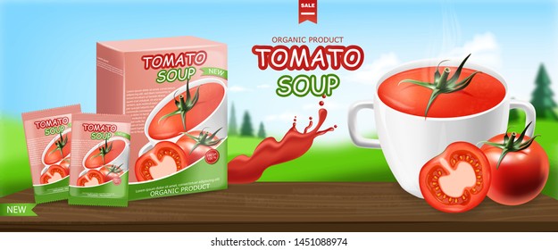 Tomato soup package realistic, instant soup, natural product, fresh tomatoes, isolated packaging, vegetarian food, landscape background vector illustration