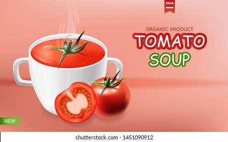 Tomato soup package realistic, instant soup, natural product, fresh tomatoes, isolated packaging, vegetarian food, pink background vector illustration