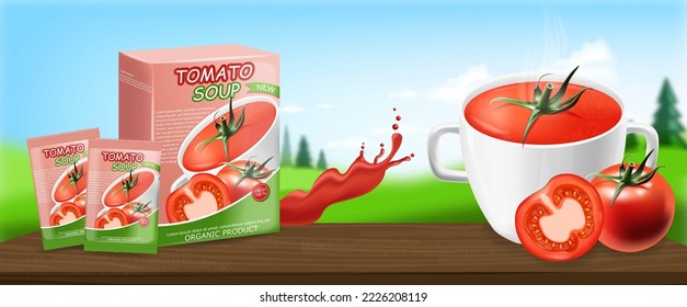 Tomato soup package realistic, instant soup, natural product, fresh tomatoes, isolated packaging, vegetarian food, landscape background vector illustration