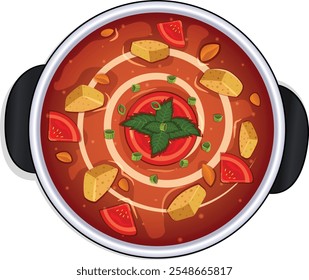 Tomato Soup Pot with Croutons, Carrots, Tomatoes, Green Onions and Creamy Swirl. Top View Detailed Illustration