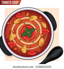 Tomato Soup Pot with Spoon Top View Detailed Illustration. Croutons, Carrots, Tomato Slices, Chives and Creamy Swirl Toppings. 