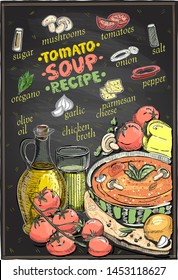 Tomato soup recipe chalkboard design, soup menu with ingredients, vegetables set sketch