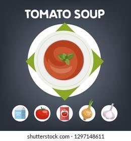 Tomato soup recipe for cooking at home. Ingredients for meal and ready dish. Garlic and onion. Homemade dinner or lunch. Flat vector illustration