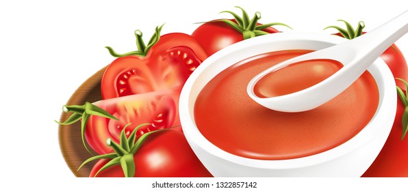Tomato soup with refreshing tomatoes elements on wooden plate isolated on white background, Vector 3d illustration. Of free space for your texts and branding.
