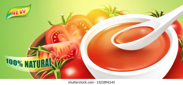 Tomato soup with refreshing tomatoes elements on wooden plate on solid color background, Realistic vector 3d illustration. Of free space for your texts and branding.