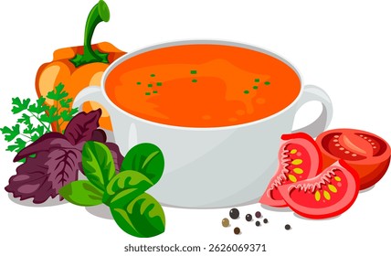 Tomato soup in a saucepan vegetables and herbs