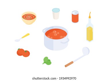 Tomato soup set. Isometric vector illustration in flat design. 