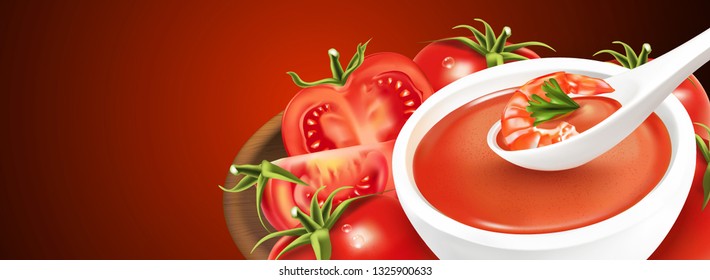 Tomato soup with shrimp and refreshing tomatoes elements on wooden plate on solid color background, Realistic vector 3d illustration. Of free space for your texts and branding.