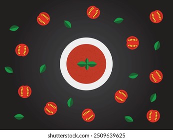 Tomato Soup Top View Flat Style. Serving food at restaurant concept vector