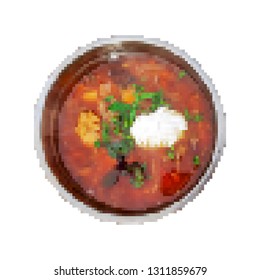 Tomato soup in white bowl isolated. Top view. Pixel art, mosaic design.