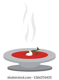 Tomato soupe with soure creame and bassile in a white plate vector illustration on white background