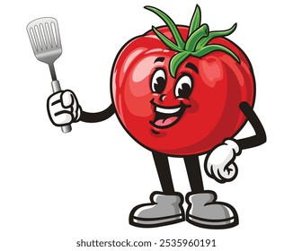 Tomato with Spatula, Cartoon Mascot Illustration Character Vector Clip-Art Hand-Drawn Logo Design