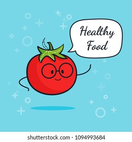 Tomato with speech bubble. Balloon sticker. Cool vegetable. Vector illustration. Tomato clever nerd character. Healthy food concept. Smart vegan diet poster