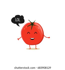 Tomato with speech bubble. Black grunge badge. Balloon sticker.  Lol. Vector illustration. White background.