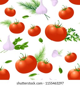 Tomato, spices and herbs. Seamless pattern. Design templates for packaging, labels, posters, wrapping paper. Vector