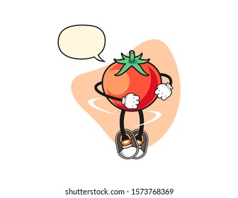 Tomato spinning with speech bubble cartoon. Mascot Character vector.