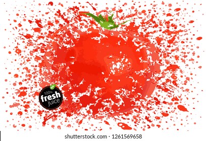 Tomato with a splash of fresh juice. Explosion and splashes of ripe juicy fruit. White background, Vector Illustration