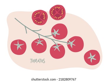Tomato sprig hand drawn doodle. Red cherry tomatoes on branch and cut tomatoes. Healthy eating. Vegetable Ingredients. Design for menu, restaurant, farmers market, recipe, poster, banner, sticker.