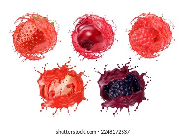 Tomato, strawberry or raspberry, cherry and blackberry berry juice splash, realistic vector. 3D fruit drink wave of berries for syrup, juicy lemonade or jam and yogurt flavor milk shake or ice cream