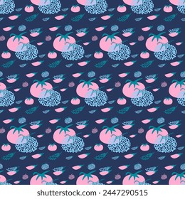 Tomato stylized seamless pattern. Whole vegetable and slice Tomatoes repeat background with dots decorations. y2k simple loop ornament. Vector illustration.