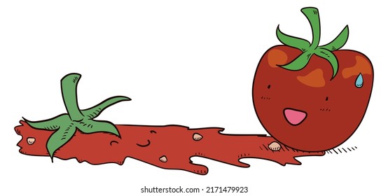 Tomate con gota de sudor y gesto de preocupación al lado de otro aplastado sobre el suelo, al estilo de las caricaturas.