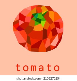 Tomato symbol made of multicolored polygons and an inscription on a pink background. For logos and banners. Healthy food concept. Vector flat illustration.