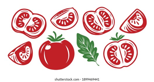 Tomato symbol set. Food, sliced piece vegetables. Farm market product