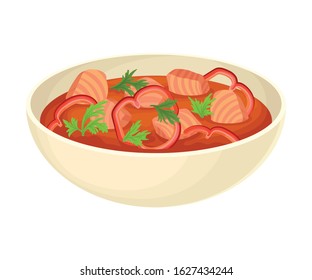 Tomato Thick Soup with Meat and Parsley Served in Deep Bowl Vector Illustration