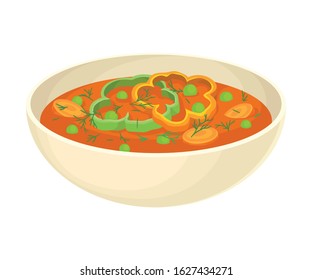 Tomato Thick Soup with Vegetables Served in Deep Bowl Vector Illustration