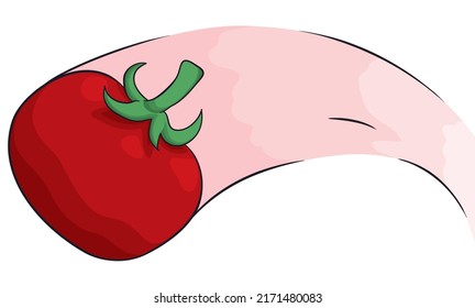 Tomato thrown in the air, in cartoon style and speed lines, over white background.