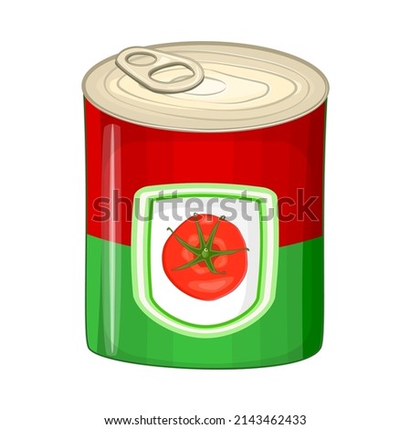 Tomato tin can isolated on white background. Canned puree, paste, stewed, chopped or condensed soup tomato package. Ketchup, sauce and dressing in metallic can. Preserve food with tomatoes. Vector