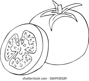 Tomate.  Tomaten auf einem Ast. Haufen Tomaten. Grafische Zeichnung.