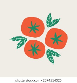 Tomato Top View with Leaves. Cherry Tomatoes Vegetable. Pomodoro Isolated. Vector Hand Drawn Illustration